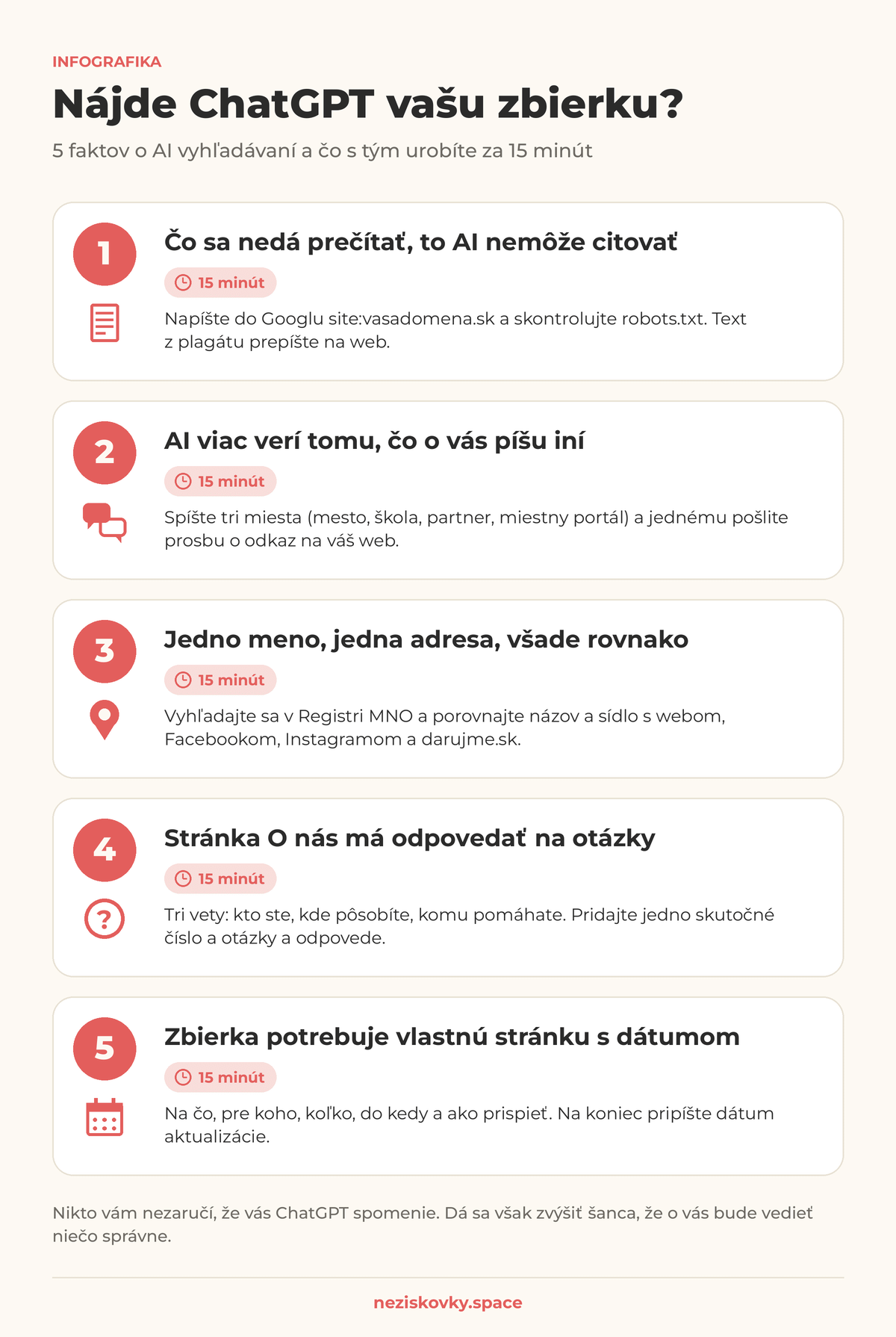 Infografika: 5 faktov o AI vyhľadávaní pre neziskovky a pri každom úloha na 15 minút